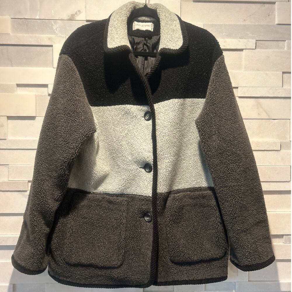 SANDRO Teddy Sherpa Colorblock Coat Black Gray Button Front Jacket 12 Gorpcore